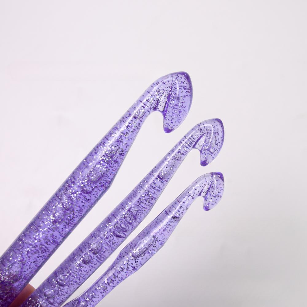 Purple Glitter Plastic Transparent Sequin Crystal Crochet Hook 10+12+15mm Wool Knitting Crochet Set