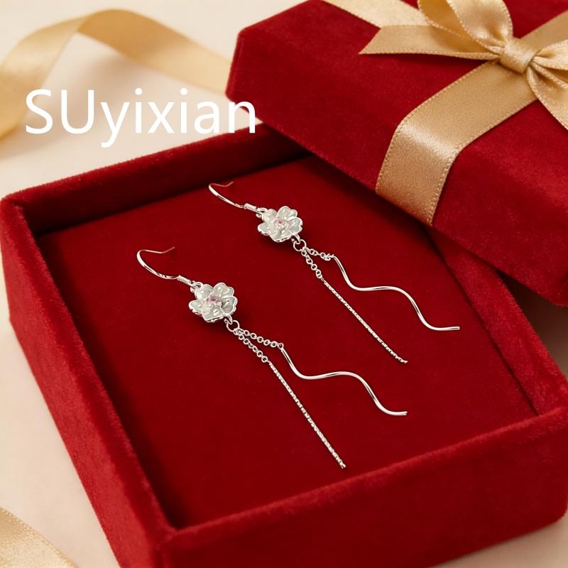 925 Sterling Silver Pink Cherry Blossom Zircon Long Tassel Wave Earrings, Birthday Party Anniversary Gift розовый