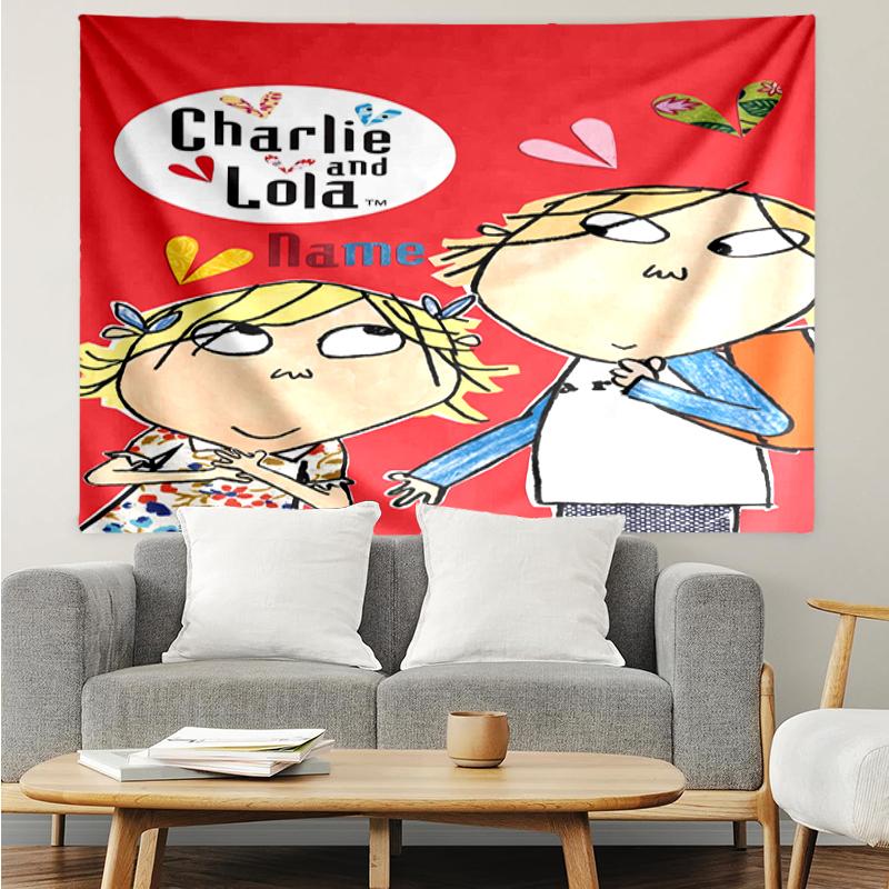 Custom Name Charlie and Lola Print Tapestry, Backdrop, Easy Setup, Ideal for Bedroom, Office & Living Room, with Aesthetic Wall Hanging Decor.