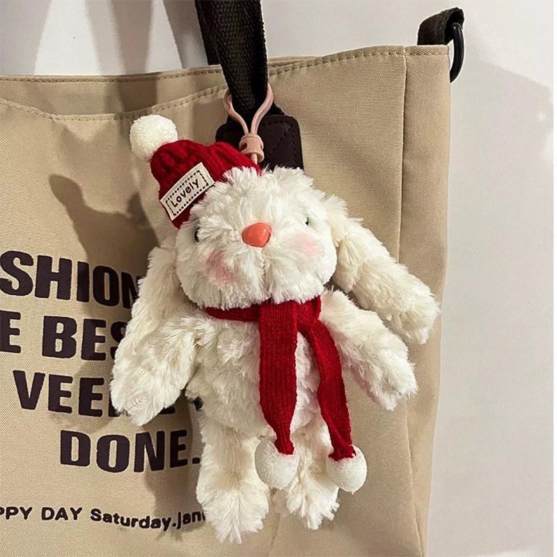 Christmas Bunny Plush Toy Keychain Cartoon Rabbit Soft Stuffed Doll Pendant Car Key Ring Backpack Bag Decor Kid Gift
