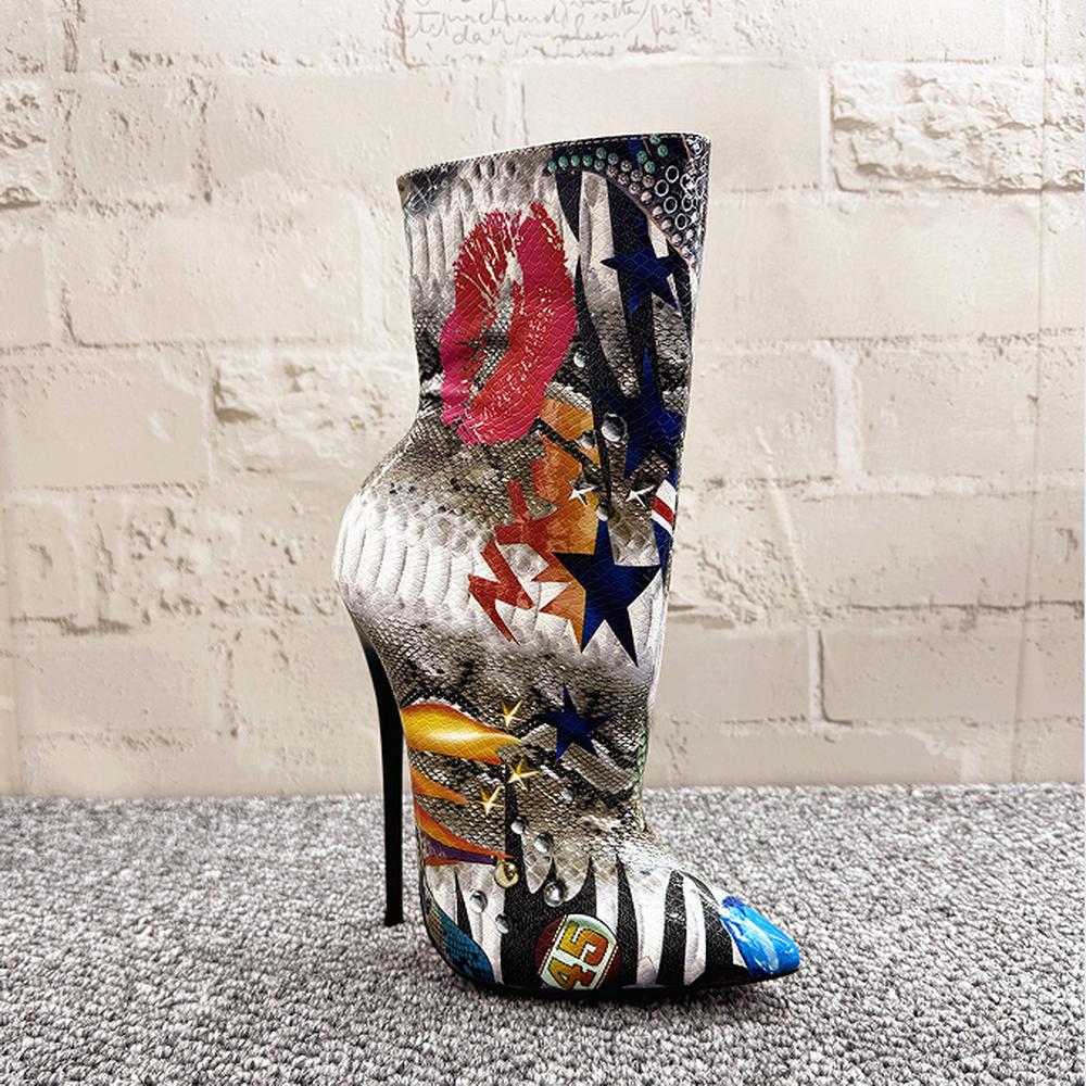 Fashion FHC 14cm High Heels Women Ankle Boots,Graffiti Lips Short Botas,Women Winter Pole Dancing Shoes,Side ZipPointed Toe,Dropship