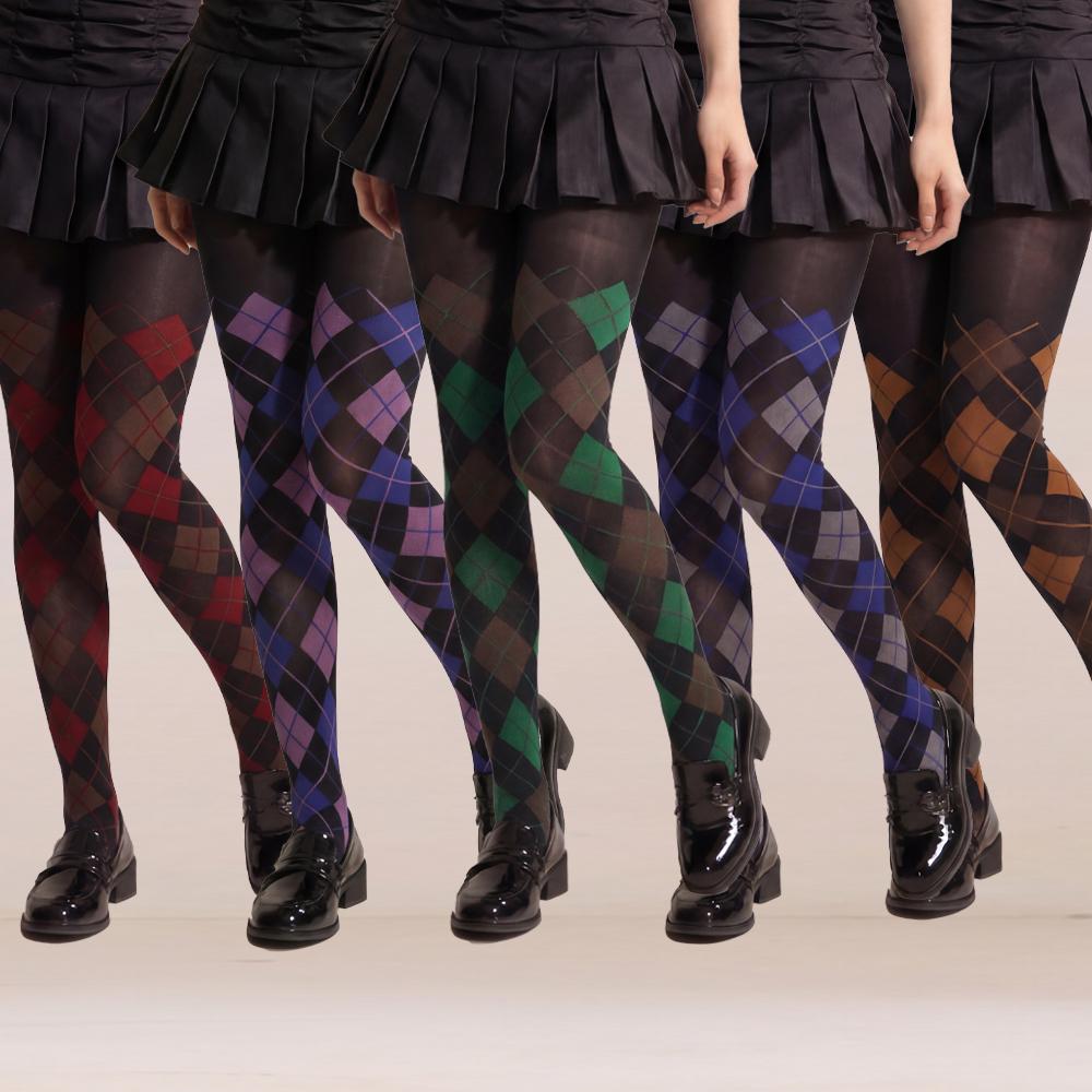 Preppy Argyle Tights Set, Sheer Stretchy Plaid Pantyhose, Preppy Style Schoolgirl Stockings