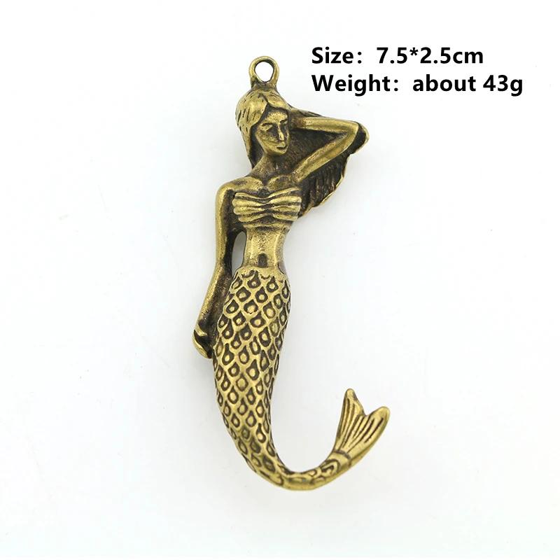 Statue Mermaid Antique Miniatures Copper Bronze Fairy Figurines Home Office Living Room Decor Crafts Lucky Car Key Ring Pendant
