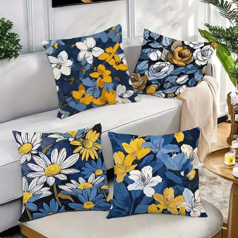Navy Blue & Yellow Floral Pillowcase - Vibrant Botanical Print Pillow Cover for Sofa Bedroom Living Room