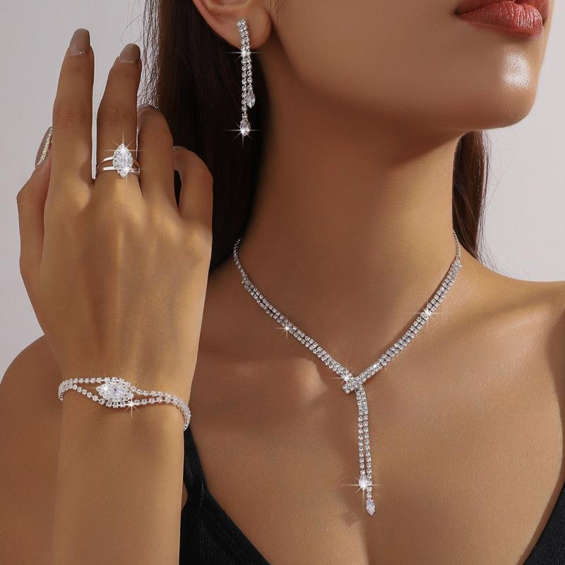

Luxury Sparkling Set Zirconia Tassel Necklace Earrings, Bracelet, Women s Fashion Zircon Set Wedding Banquet Accessory Gift