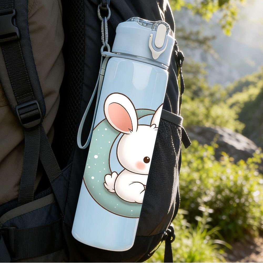 1PC Moon Bunny Rabbit Cartoon 750ml Color Plastic Sports Water Bottle Leakproof Flip Straw Lid Suitable for Sports Office Home Use