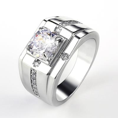 Huitan Luxury Silver Color Round Cubic Zircon Rings for Men Classic Wedding Ceremony Ring Dazzling Male Accessories Jewelry