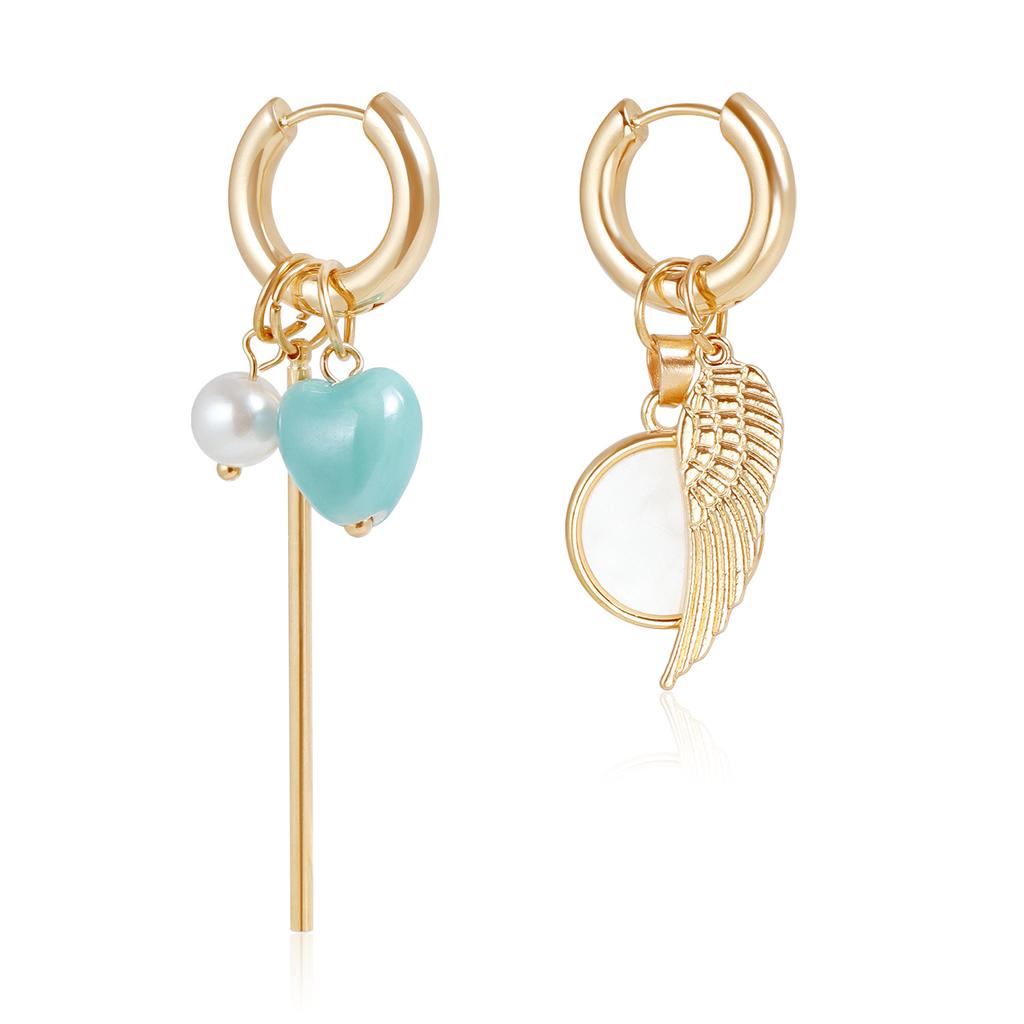 Retro Ceramic Love Pearl Wings Long Stick Ear Buckle Asymmetrical Earrings
