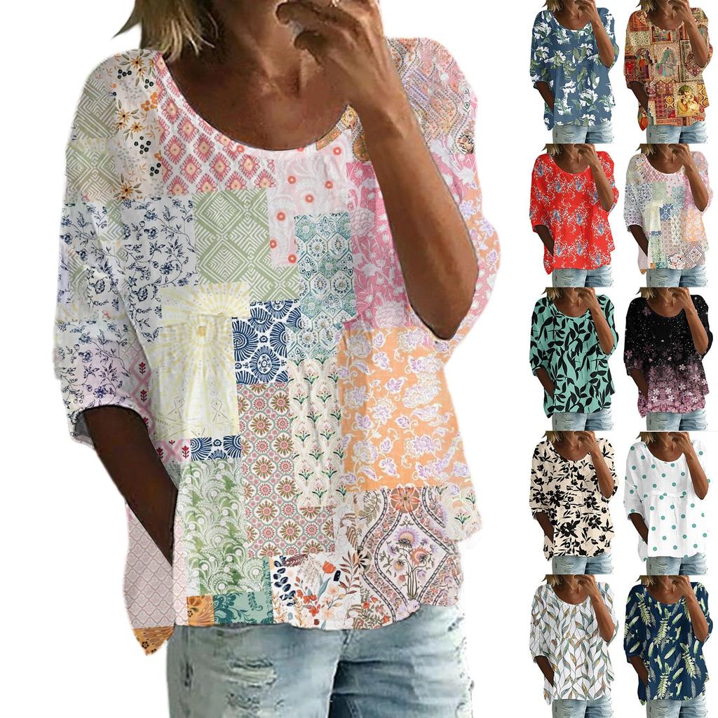 Top casual de damă cu mâneci trei sferturi, larg, cu gât rotund și imprimeu floral