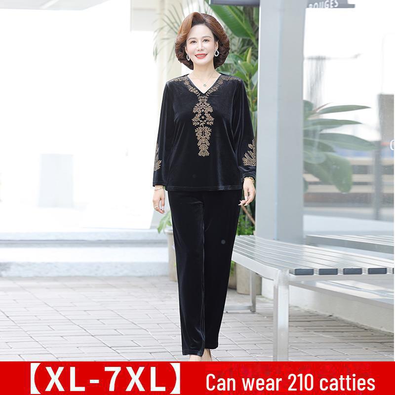 Women's Autumn Gold Velvet Suit: Fashionable, Loose-Fit Two-Piece for Middle-Aged & Elderly, Plus-Size Available.