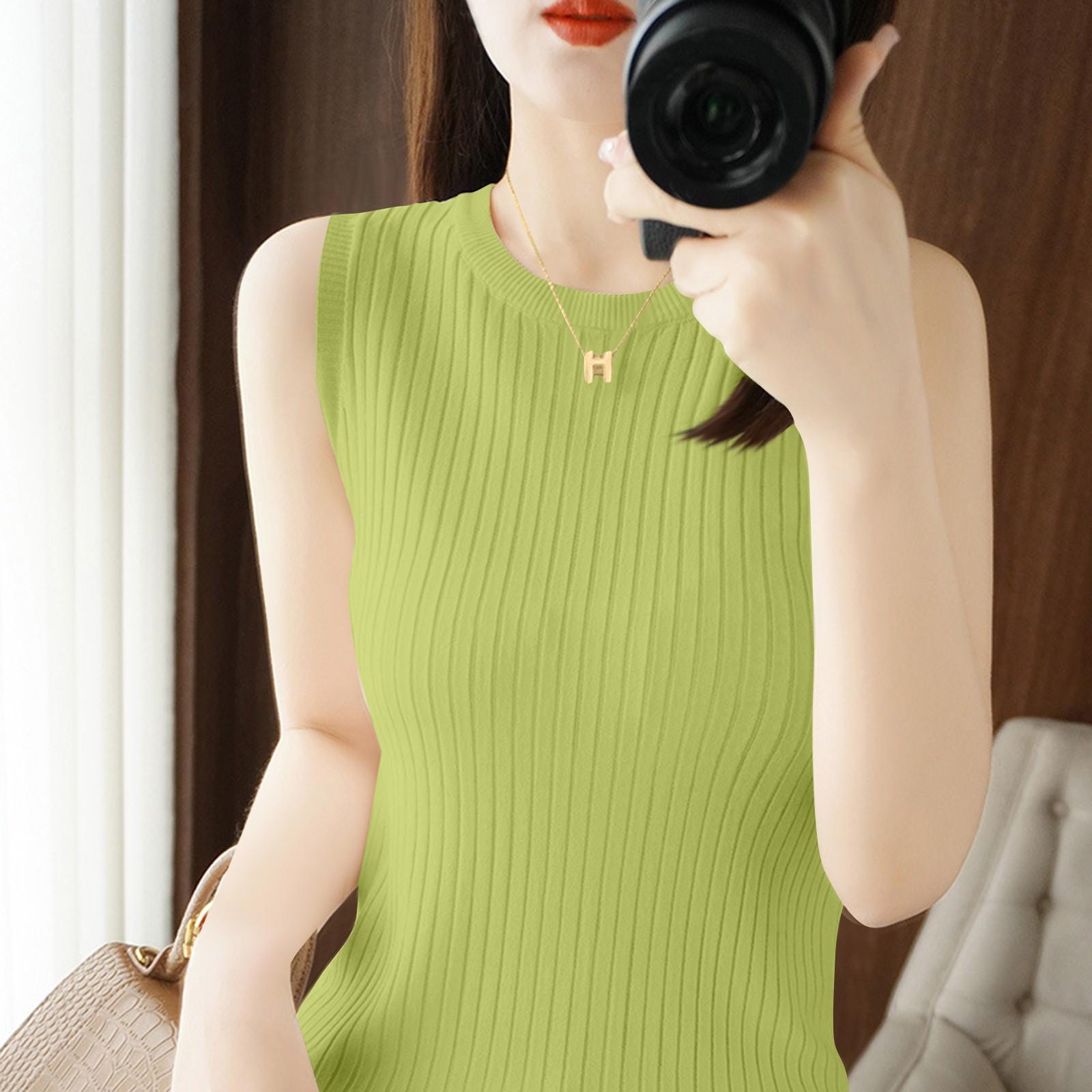 

Fashion Linen Knit Sleeveless Vest Round Neck Thin Base Top For Women S зелений