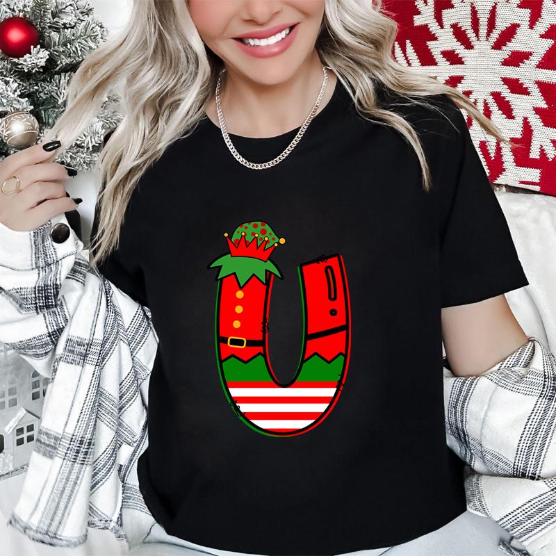 Womens Christmas Alphabet AZ Graphic Print Tshirt Holiday Casual Top with Santa Letters Perfect for Xmas Party Street Wear