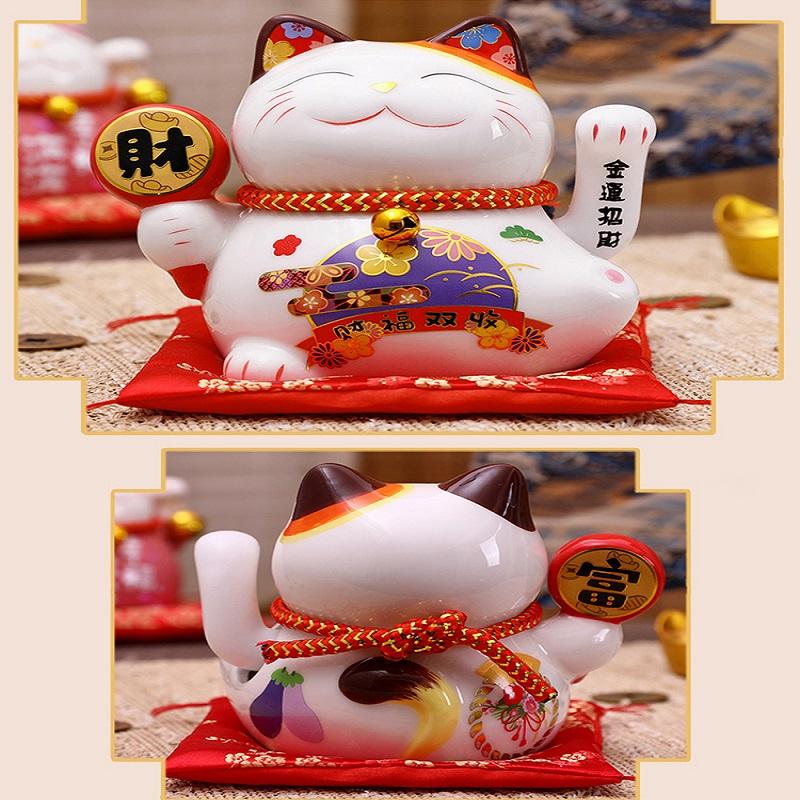 5inch Ceramic Beckoning Cat Waving Hand Lucky Cat Battery Powered Maneki Neko Best Gift Home Decoration Fortune Lucky Cat
