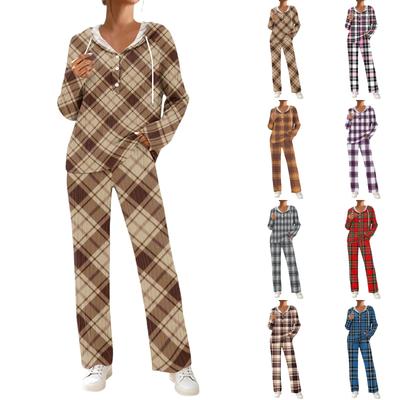 Women's V-Neck Printed Long Sleeve Hoodie Loungewear Set with Pockets - Loose Fit 2 Piece Casual Sleepwear Pajama Set for Home