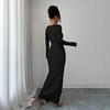 European and American Spring New U-neck Solid Color Slim-fitting and Thin Knitted Long-sleeved Split-ended Dress