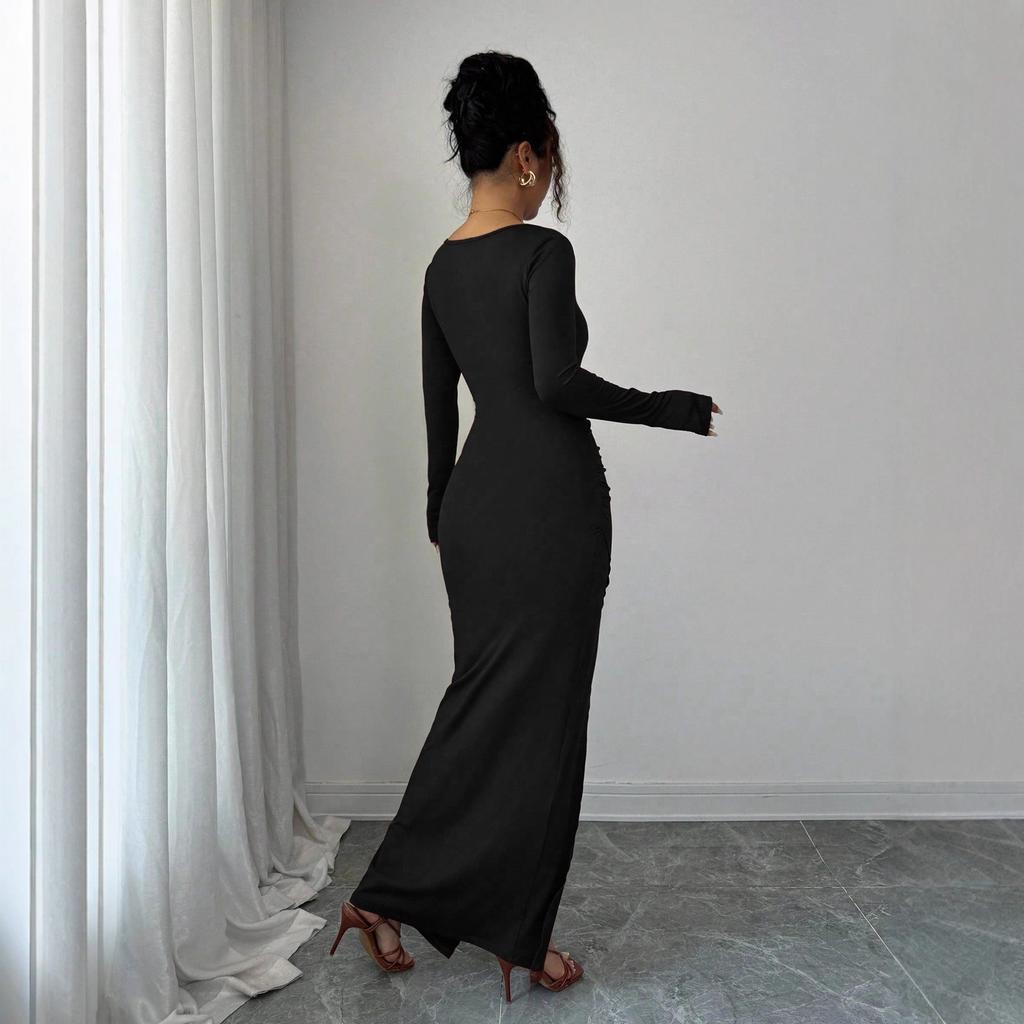 European and American Spring New U-neck Solid Color Slim-fitting and Thin Knitted Long-sleeved Split-ended Dress