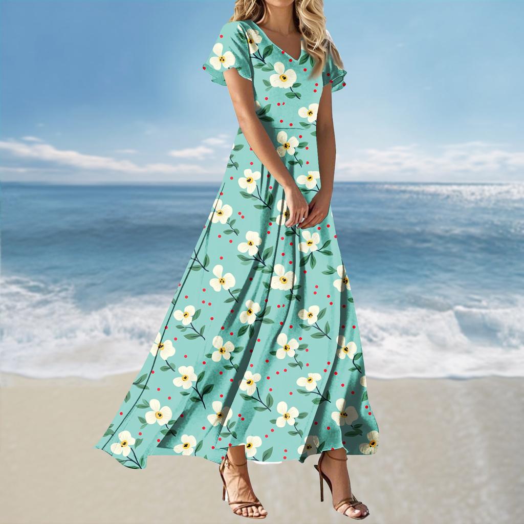 Women's Summer Casual V Neck Short Sleeve Maxi Dress with Floral Print Lightweight Relaxed Fit Flowy Design for Daily Wear