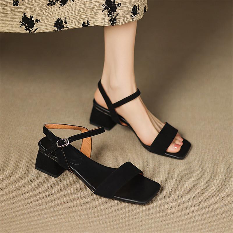 Fashion New Summer Sandals Genuine Leather Women Shoes Square Toe Sandals for Women Fashion Chunky Heels Sandals Shoes High Heels