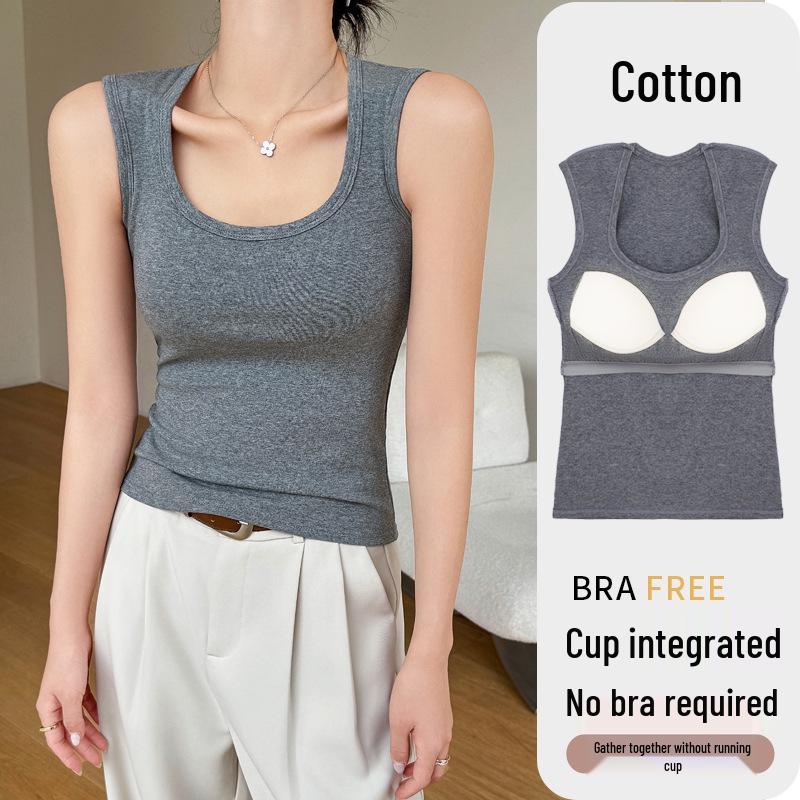 Women's Pure Cotton Camisole Tank Top with Integrated Bra Pads – Anti-Side-Boob Design, Perfect for Spring, Summer, and Autumn.