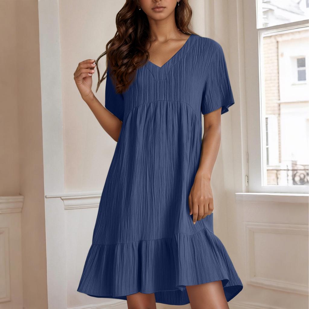 Ladies' Casual And Fashionable Solid Color Dress, Loose Short Sleeved Waist Cinched Dress