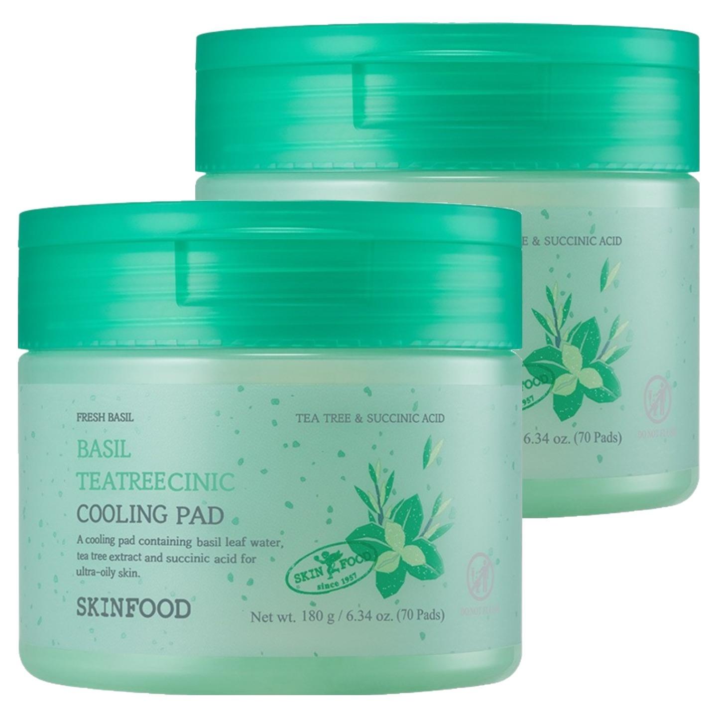 SKINFOOD Basil Teatreecinic Cooling Pad 180g (70 Sheets) x 2-Pack - Calming & Sebum Control Toner Pad - Refreshing Korean Skincare Bundle