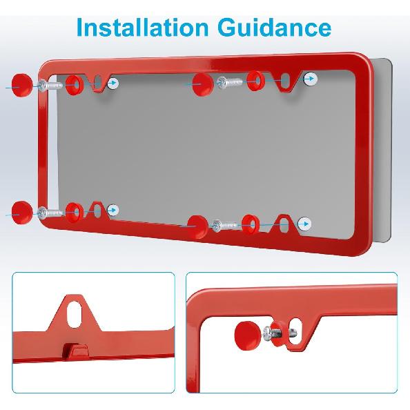 Red License Plate Frames 2 Pack, License Plate Holders Stainless Steel, Universal US Car License Plate Covers With Screws Washers Caps (4 Holes)