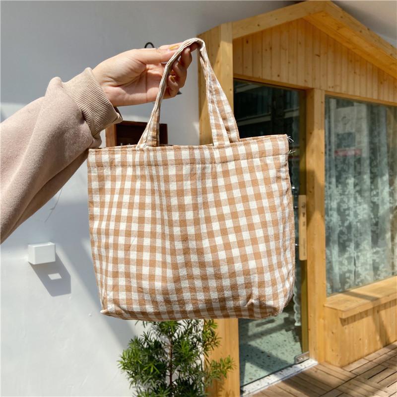 Charming Fresh Portable Bento Bag Japanese Style Plaid Handbag For Moms Students
