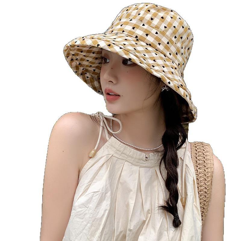 Love plaid bucket hat women's spring summer versatile washbasin hat big brim sunshade sunscreen hat tide