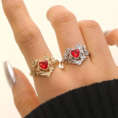 Retro Court Hollow Leaf Red Heart Open Ring Minimalist Luxury Elegant Women Jewelry