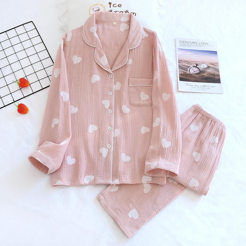 Love crepe lapel pajamas women's spring and summer thin long-sleeved cardigan set large size loose and comfortable loungewear