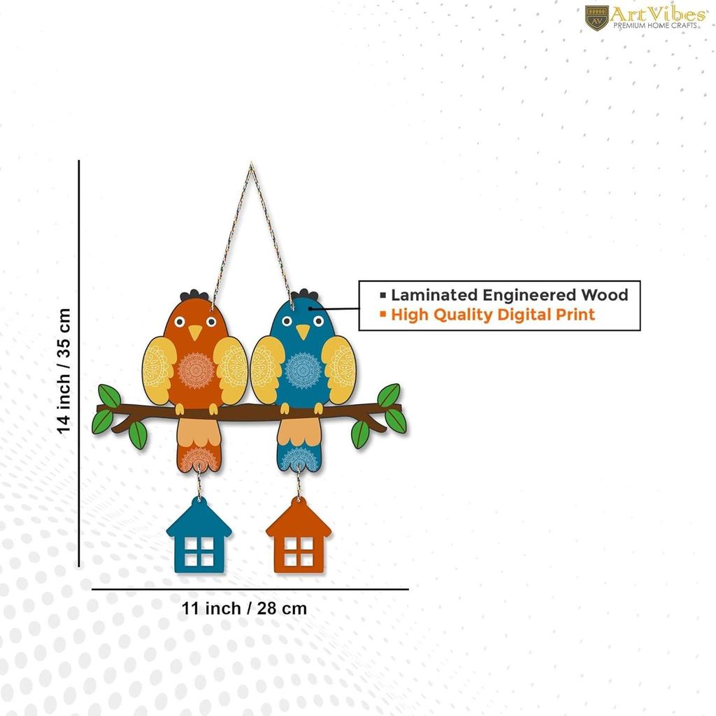 Multicolored Pair of Birds Wooden Wall Hanging for Home Decoration | Garden Balcony | Office | Cafe | Pack of 1