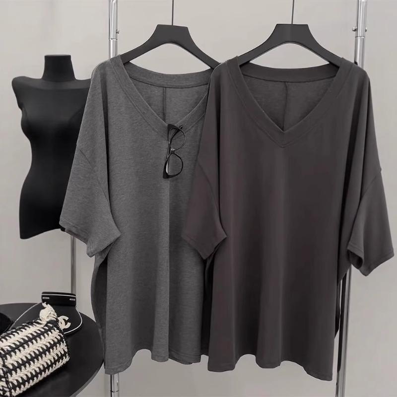 T-shirt Women Cotton Summer Casual Large Size Loose V Neck Solid Color Pullover Short-sleeved Tops