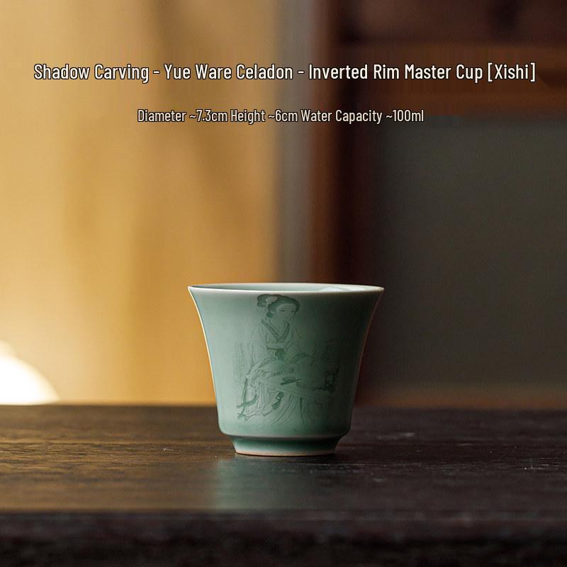 Guanlan Yue Celadon Four Beauties Tea Cup: Ceramic Shadow Carved Personal Tasting Cup