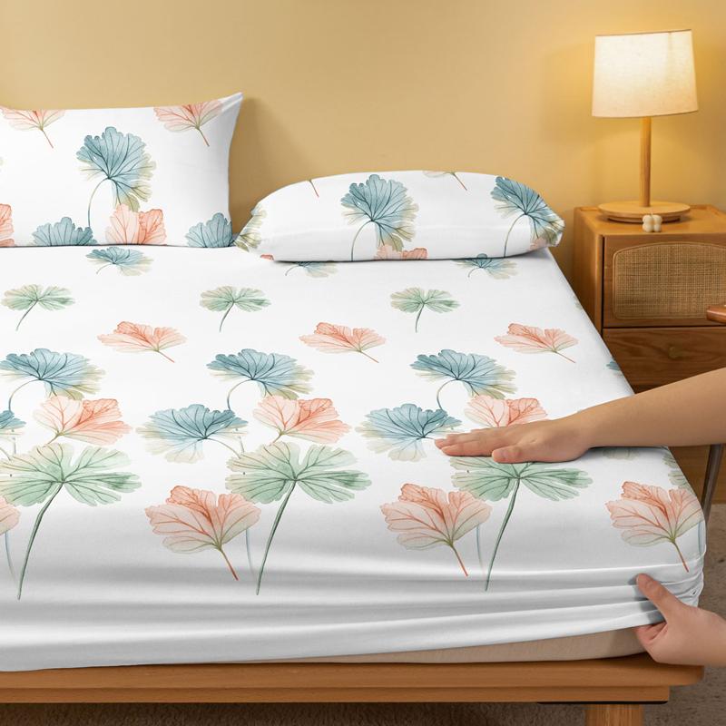 1 Simple Modern Plant Leaves Printed Matte Fitted Sheet, Bedroom Printed Bed Cover, Bedding (Excluding Pillowcases)