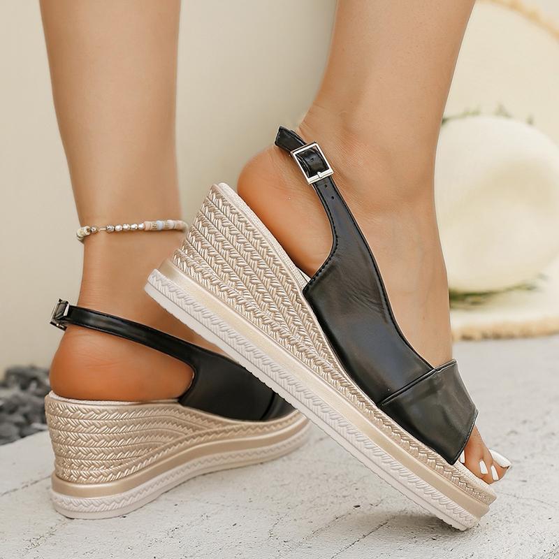 Fashion Women's Concise Pu Leather Wedges Sandals Plus Size Thick Sole Non Slip Slingback Dress Shoes Comfort Chunky Platform Slippers