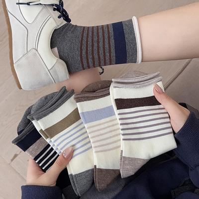 Women's Striped Mid-Calf Cotton Socks: Trendy Rolled-Edge Retro Japanese Color Block for Spring, Autumn, and Winter