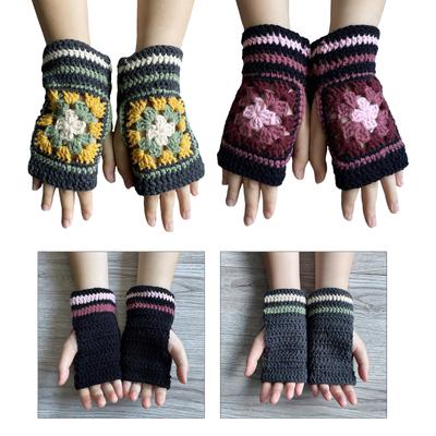 Girls Wrist Length Crochet Gloves Half Finger Keep Warm Mittens with Floral Pattern Mittens for Women Winter Supplies