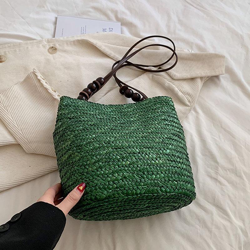 

Сумка-ведро Niche Forest, деревянная бусина, магнитная пряжка, сумка через плечо, ретро-сумка высокого класса из соломы, плетеная сумка-шоппер 28x15x26cm коричневый