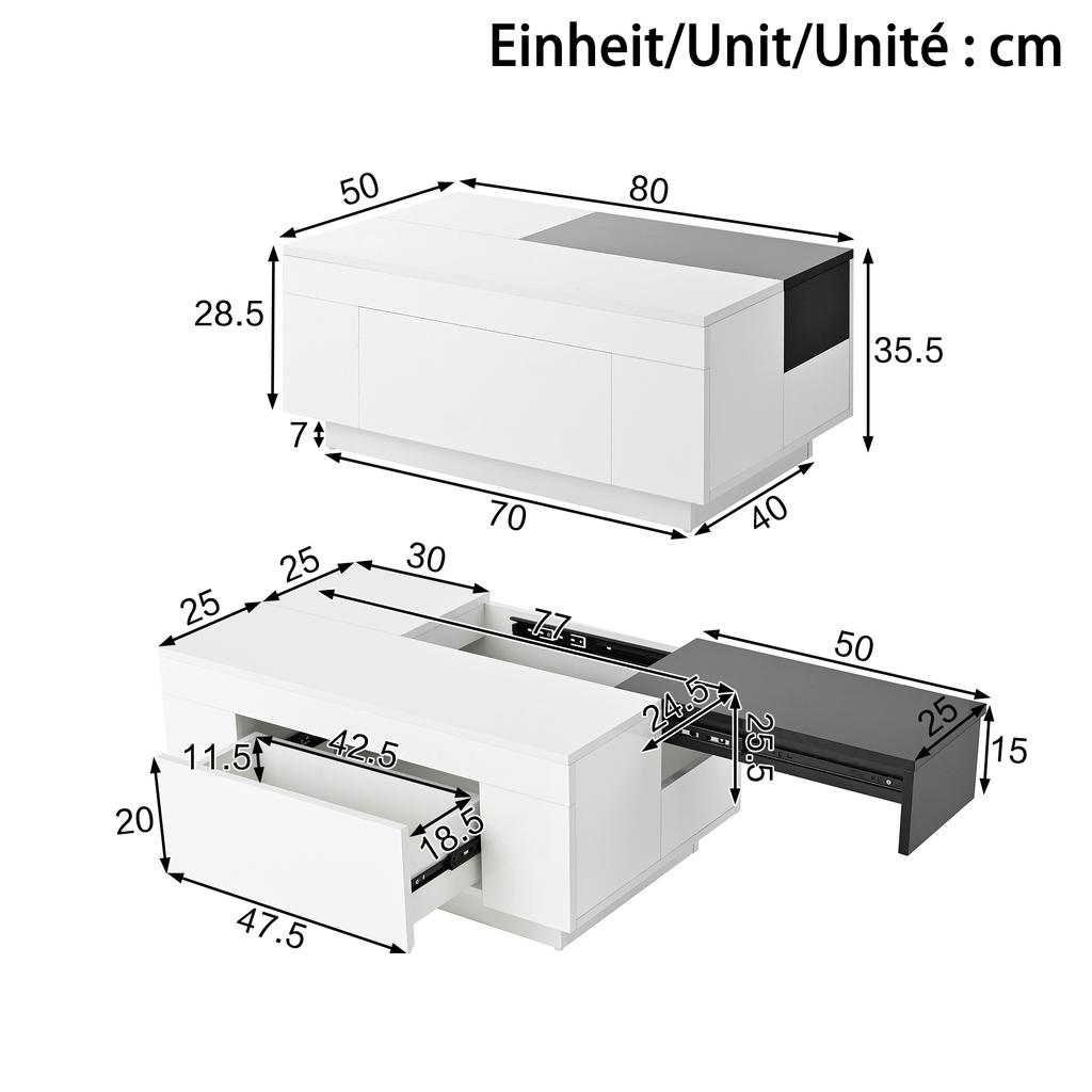 High-Gloss Coffee Table with LED Lighting, Extendable Black-and-White Tabletop, Hidden Storage and 16-Color Adjustable Light Strip
