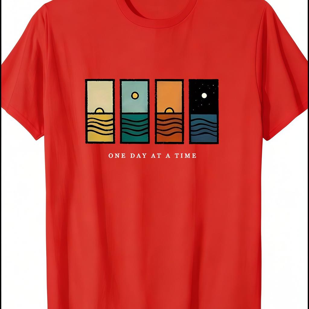 Unisex One Day At A Time Graphic Casual TShirt Summer Short Sleeve Round Neck Tee With Colorful Stripes Unisex Clothing