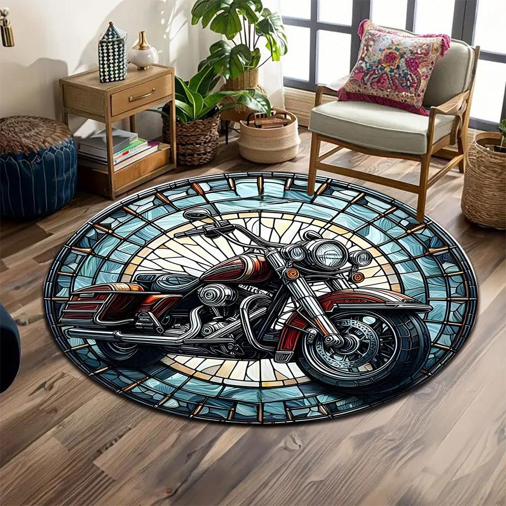 Vintage Motorcycle Stained Glass Design Print Round Rug, Living Room, Bedroom, Playroom Carpet, Non Slip Floor Mat, Gift