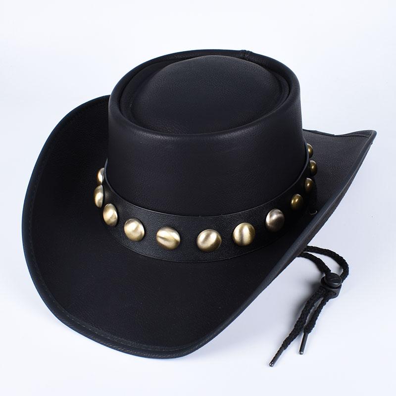 

High Quality Western Cowboy Hat Men Women Fashion Jazz Cap 2026 Cool Vintage Faux Leather Cowgirl Hats Wind Rope Caps Black About 58cm