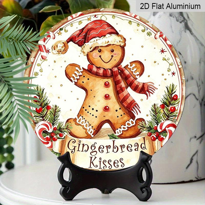 2D Flat, 1pc Decorative Plaques and Ornaments Sign, Round Distressed Aluminum Gingerbread Kisses Christmas Hanging Plaque, Candy Cane Pine Farmhouse