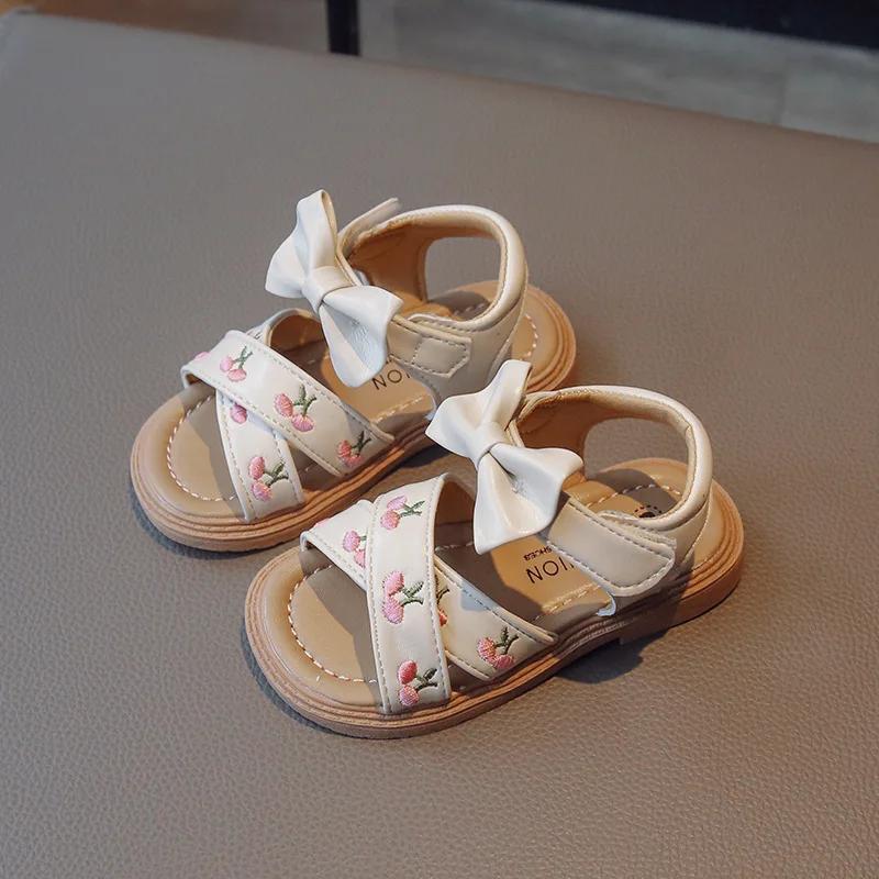 Sweet Children's Sandals Girl Summer Bowknot Fashion Kids Embroider Beach Shoes Fashion Versatile Toddlers Causal Flat Sandals