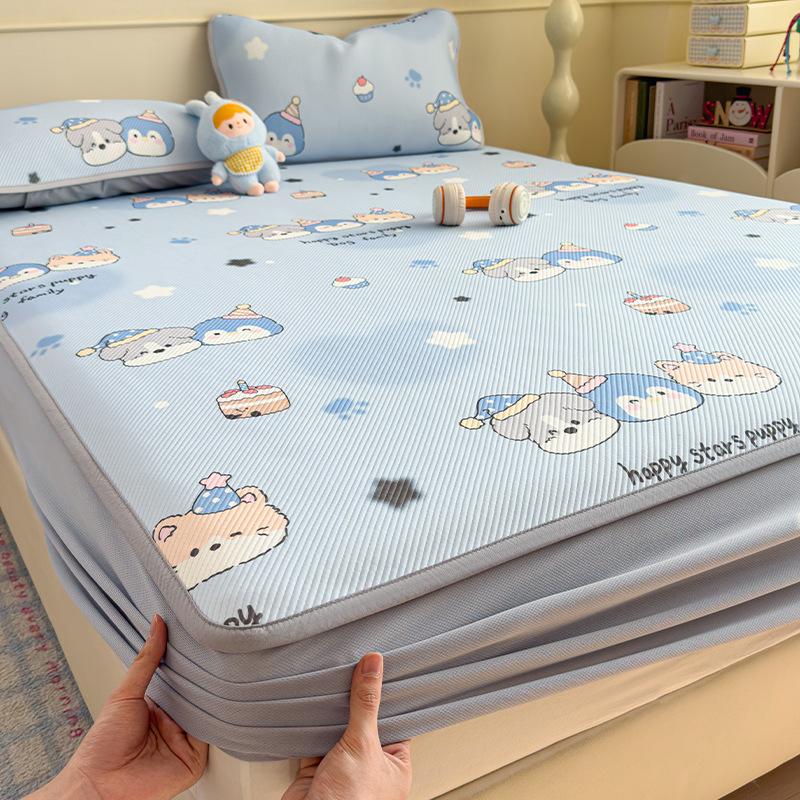 Luxury Cartoon Printed Fitted Bedsheet Set High Quality Summer Sleeping Mat with Pillowcases Ice Bean Cooling Bedding for Single