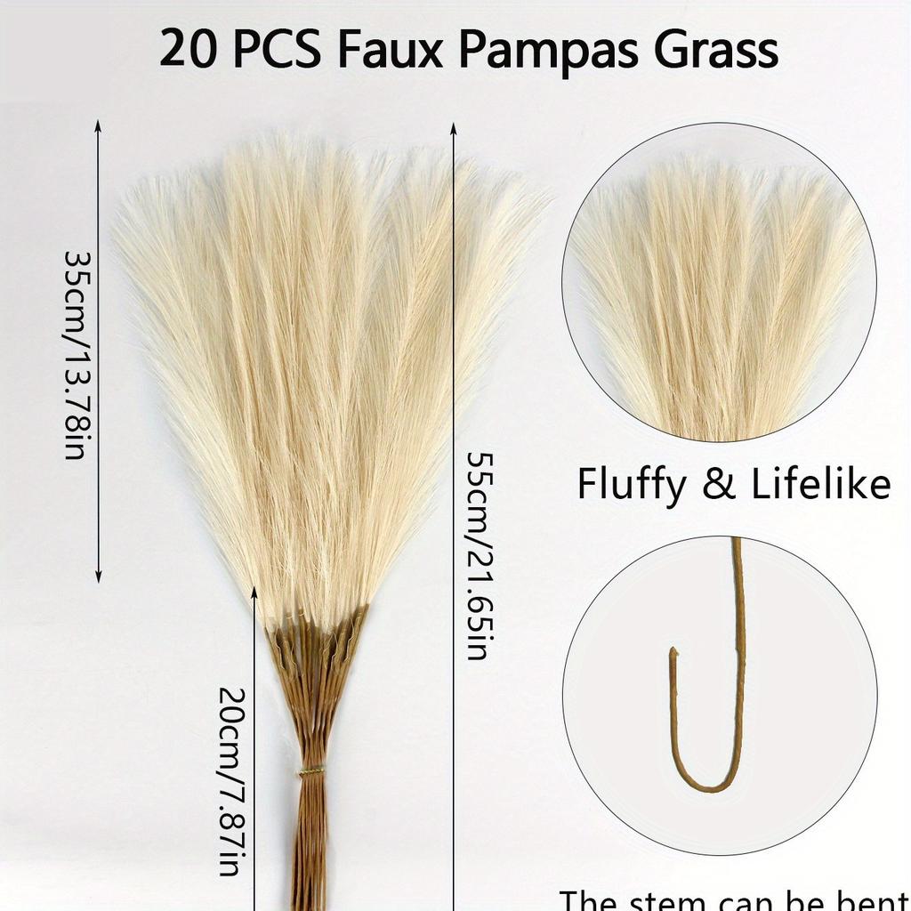 20Pcs Faux Pampas Grass, 21.6" Short Artificial Pompous Grass Floral Fake Pompas Grass Branches Vase Filler Flower Arrangement