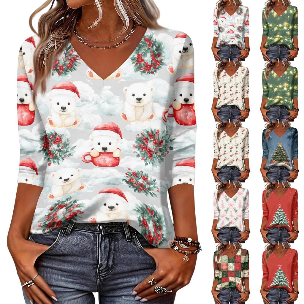 Women's Christmas Print V-Neck Three-Quarter Sleeve Loose Fit Casual Shirt for Everyday Wear