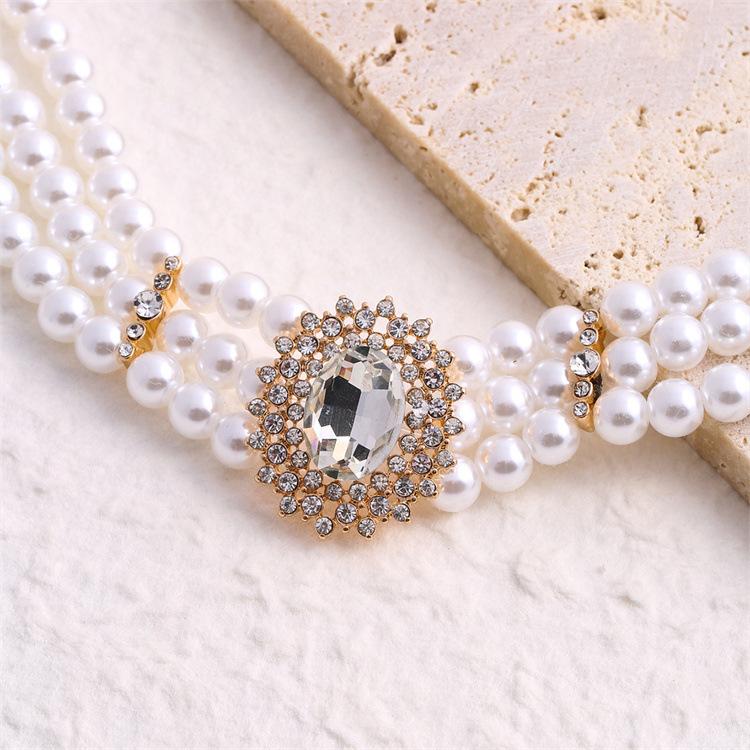 Crystal diamond multi-row imitation pearl necklace exaggerated atmosphere short choker retro Internet celebrity necklace women