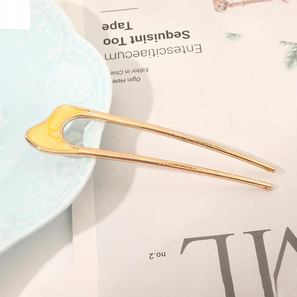 Metal U Shaped Hair Stick for Women Girls Silver Gold Color Vintage Elegant Shell Enamel Ponytail Hairpin Female Headwear Gifts