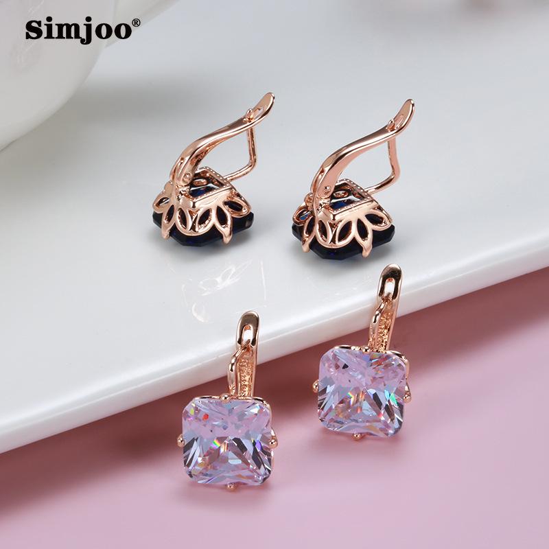 SIMJOO Stylish Rose Gold Color Earrings with Simple Geometric Square Zircon Earrings